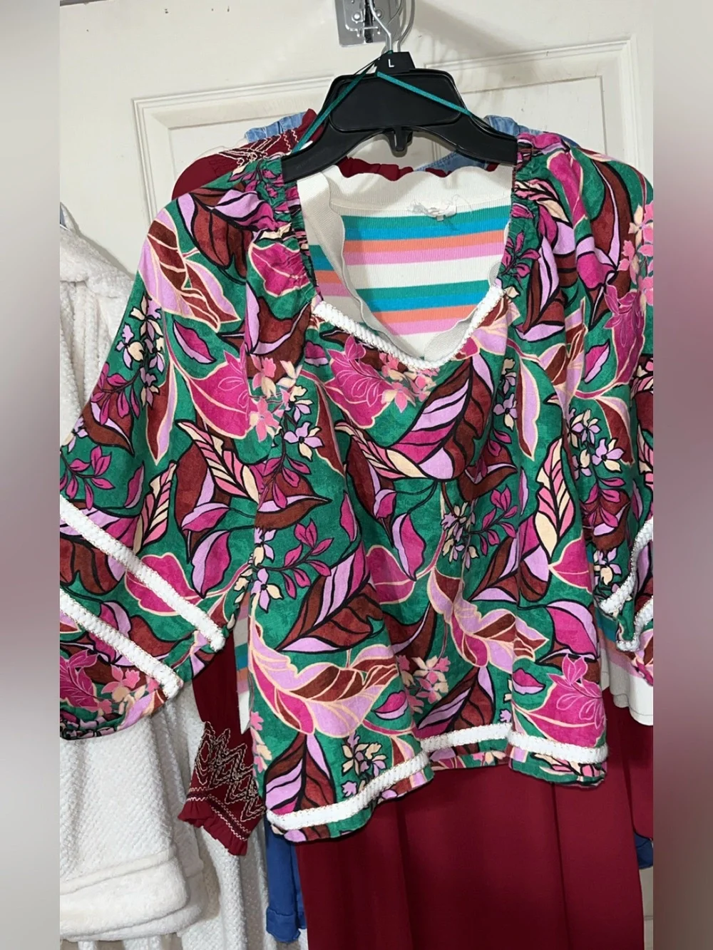 Cynthia Rowley Square Neck Floral V-Neck Blouse in Pink & Green - Picture 1 of 4